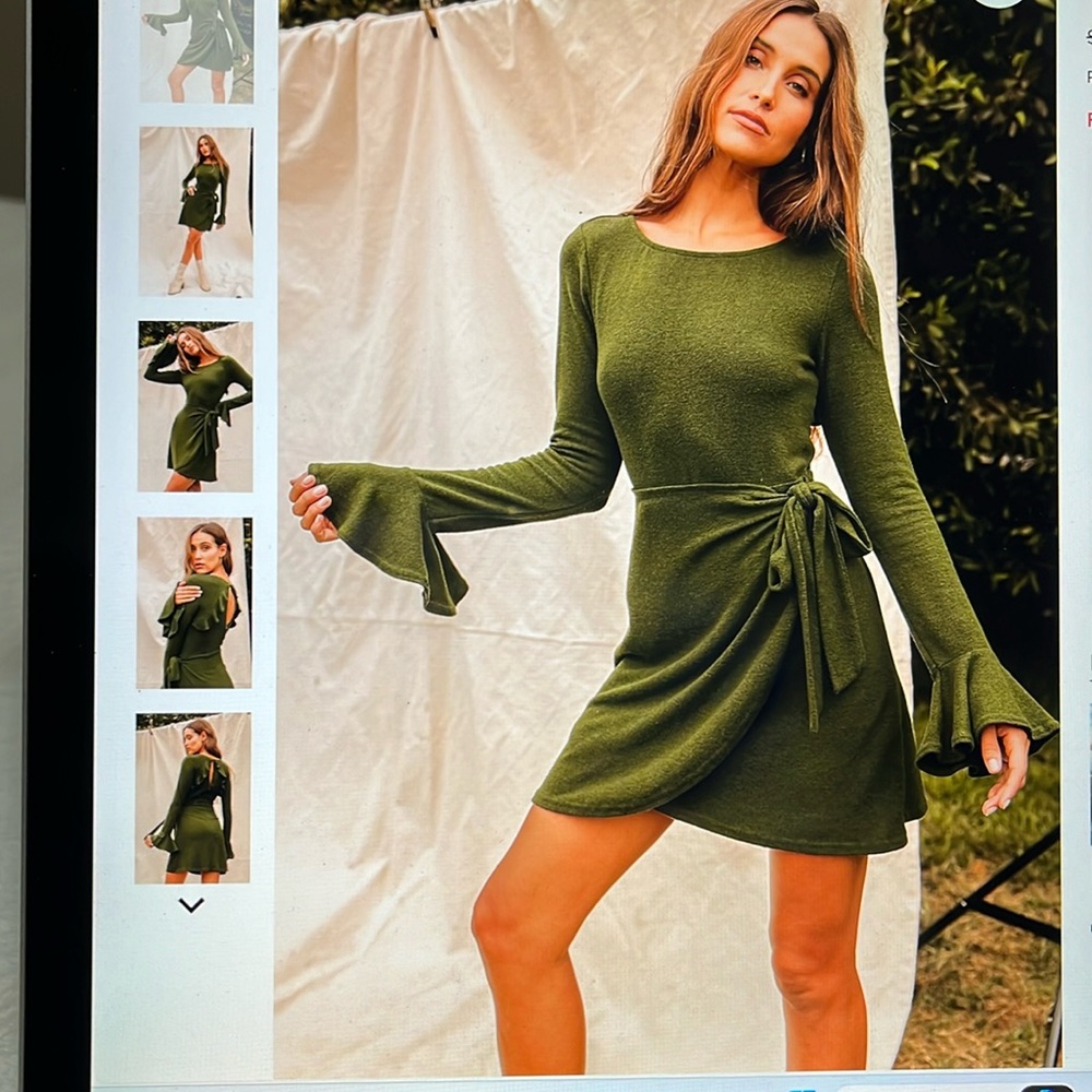 Lulus Favorite Tune olive green faux wrap sweater dress size medium